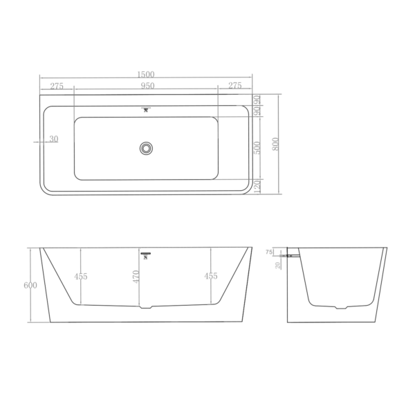 Waterware. 'The Smith' Bath 1500mm Back To Wall Gloss White Acrylic | BPBA8356-150 - Image 4