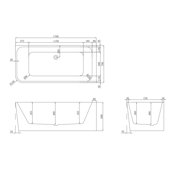 Waterware. 'The Smith' RH Corner Bath 1700mm Gloss White Acrylic | BPBA8356-170R - Image 4